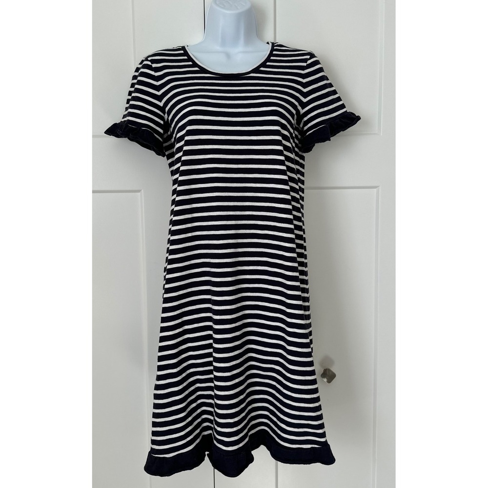 Boden Emily Navy Blue White Striped Ruffle Hem Cotton T-Shirt Dress US 6R